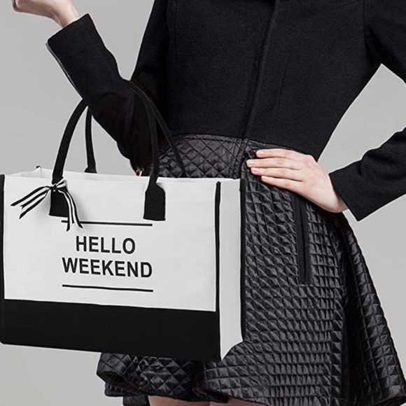 New Woman's Black & White Large Canvas Handle Bag Versatile Durable & Fun - Picture 6 of 7